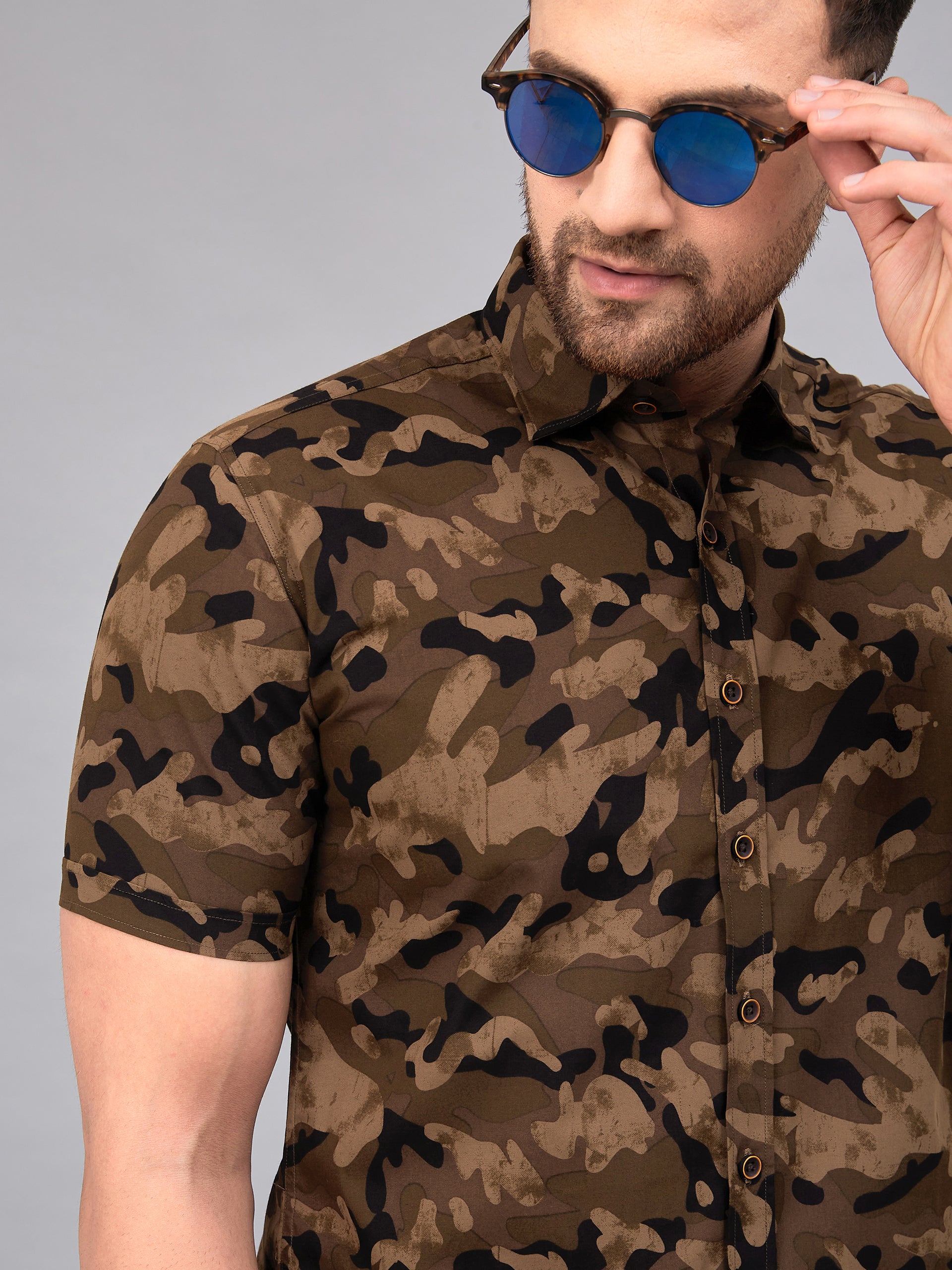 Louis Monarch Men Regular Fit Brown Printed Spread Collar Casual Half Shirt